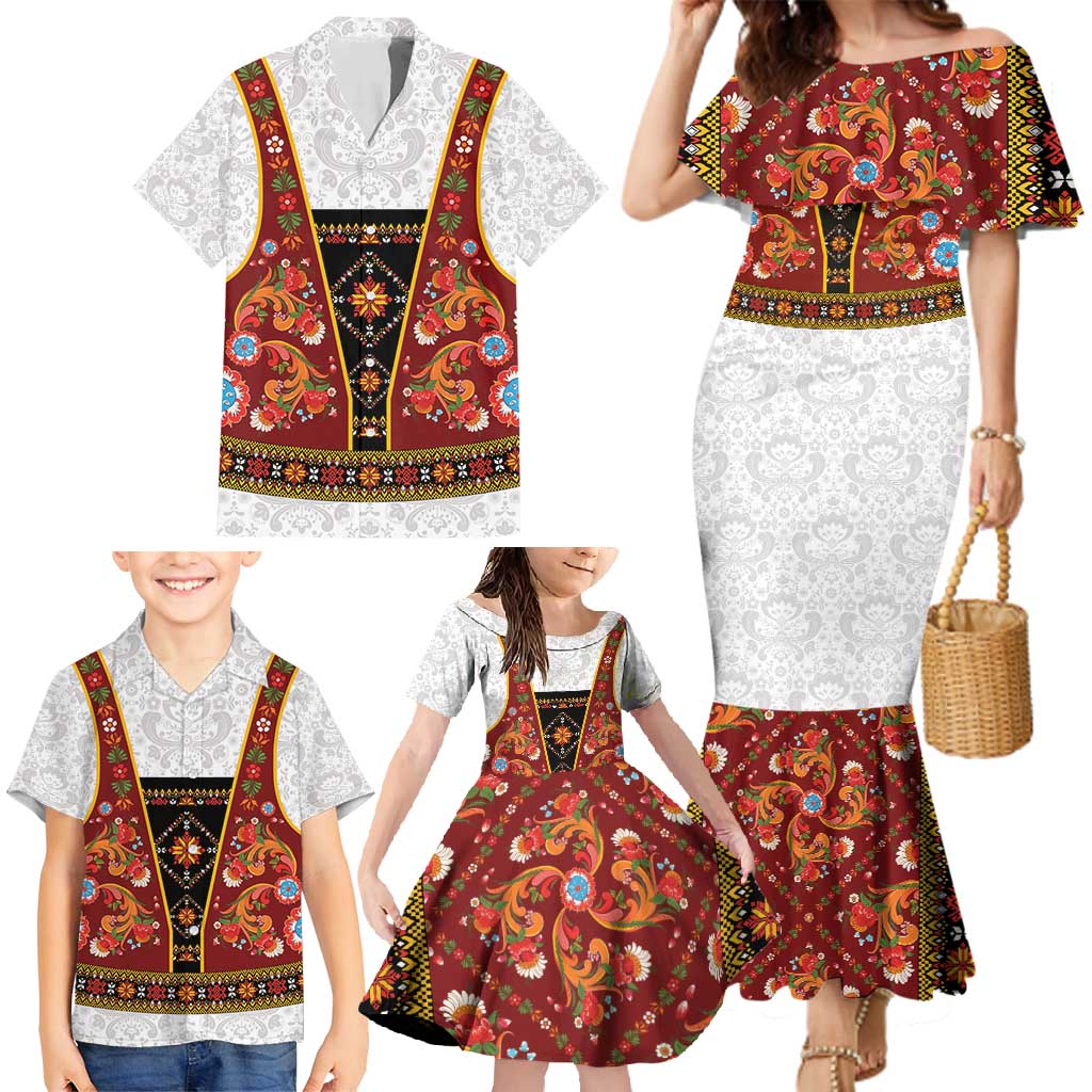 Norwegian Female Bunad Family Matching Mermaid Dress and Hawaiian Shirt with Rosemaling Folk Art Red Color - Wonder Print Shop