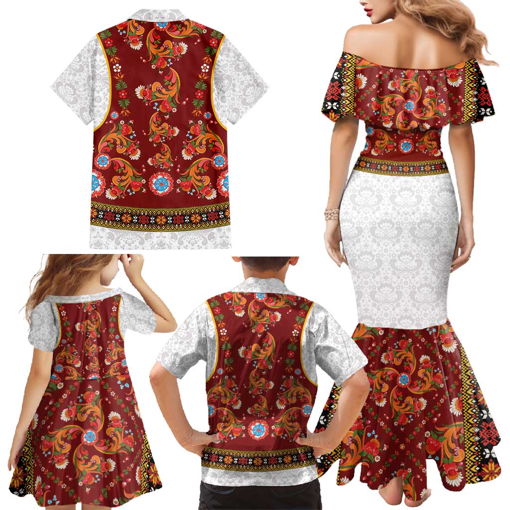 Norwegian Female Bunad Family Matching Mermaid Dress and Hawaiian Shirt with Rosemaling Folk Art Red Color - Wonder Print Shop