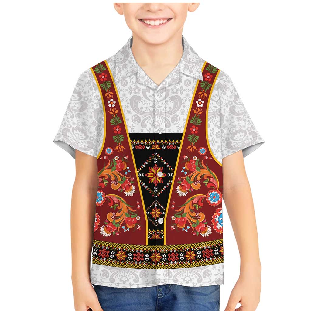 Norwegian Female Bunad Family Matching Mermaid Dress and Hawaiian Shirt with Rosemaling Folk Art Red Color - Wonder Print Shop