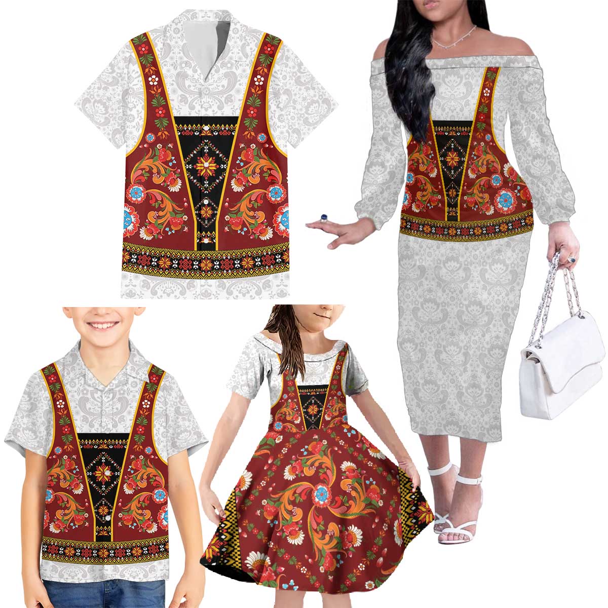 Norwegian Female Bunad Family Matching Off The Shoulder Long Sleeve Dress and Hawaiian Shirt with Rosemaling Folk Art Red Color - Wonder Print Shop