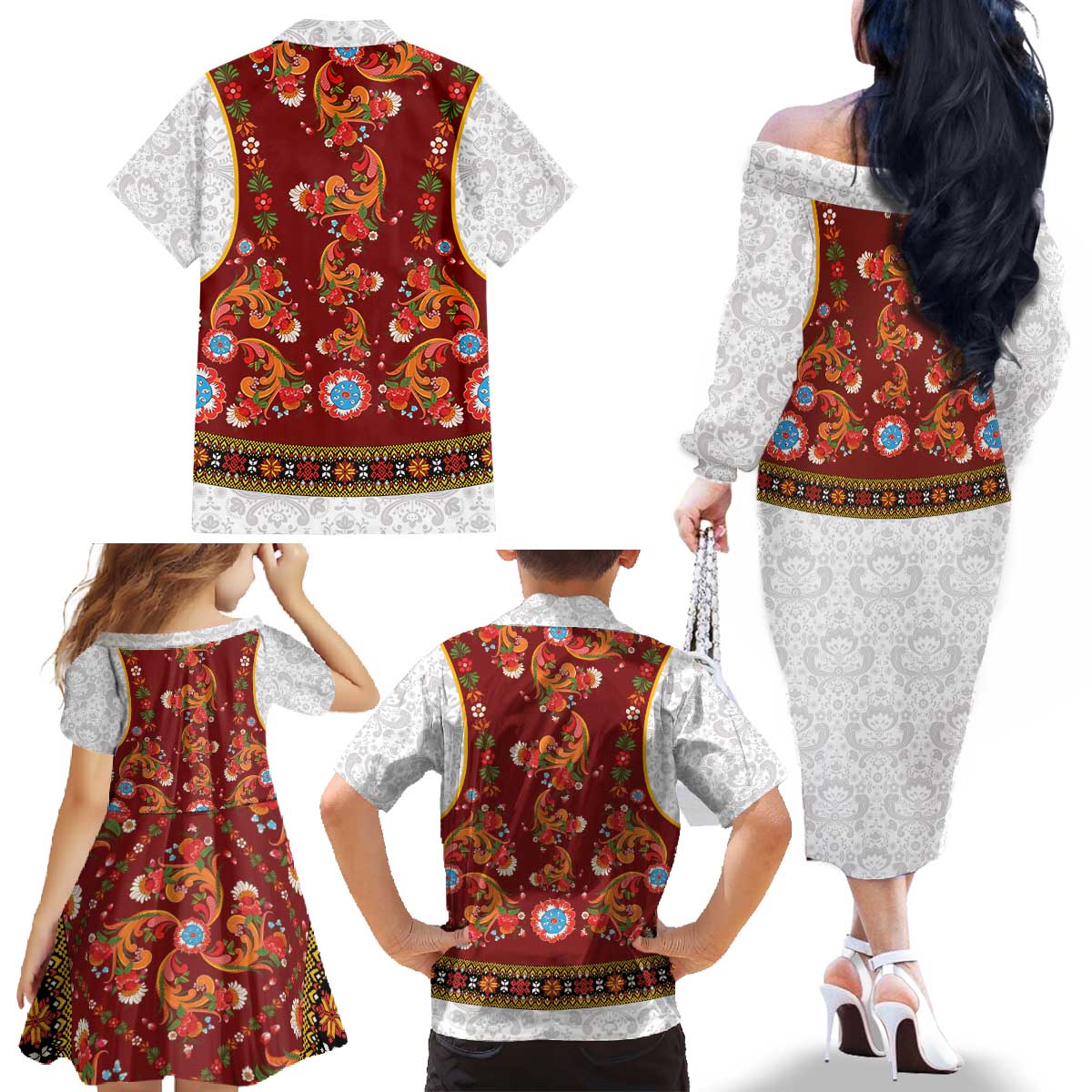 Norwegian Female Bunad Family Matching Off The Shoulder Long Sleeve Dress and Hawaiian Shirt with Rosemaling Folk Art Red Color - Wonder Print Shop