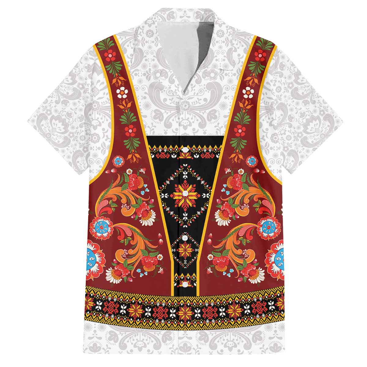 Norwegian Female Bunad Family Matching Off The Shoulder Long Sleeve Dress and Hawaiian Shirt with Rosemaling Folk Art Red Color - Wonder Print Shop