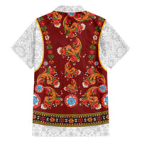 Norwegian Female Bunad Family Matching Off The Shoulder Long Sleeve Dress and Hawaiian Shirt with Rosemaling Folk Art Red Color - Wonder Print Shop