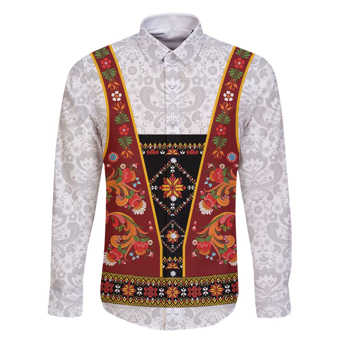 Norwegian Female Bunad Family Matching Off The Shoulder Long Sleeve Dress and Hawaiian Shirt with Rosemaling Folk Art Red Color - Wonder Print Shop