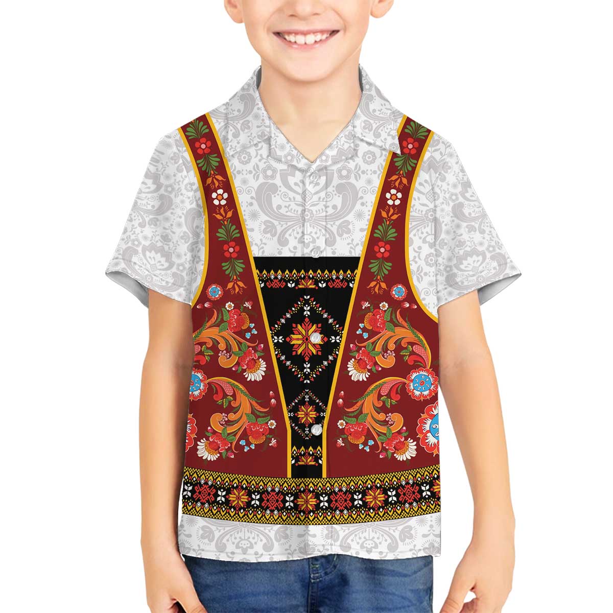 Norwegian Female Bunad Family Matching Off The Shoulder Long Sleeve Dress and Hawaiian Shirt with Rosemaling Folk Art Red Color - Wonder Print Shop