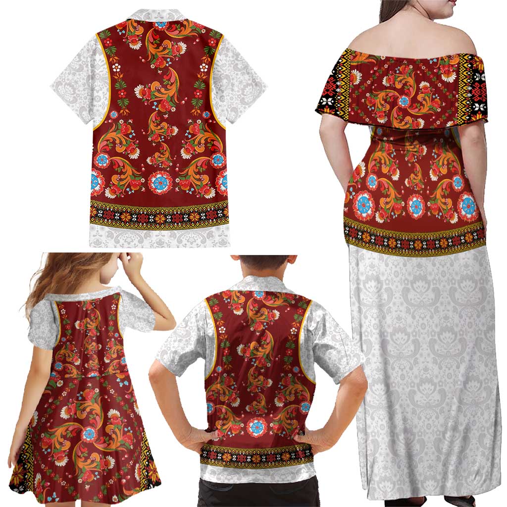 Norwegian Female Bunad Family Matching Off Shoulder Maxi Dress and Hawaiian Shirt with Rosemaling Folk Art Red Color - Wonder Print Shop