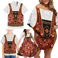 Norwegian Female Bunad Family Matching Off Shoulder Short Dress and Hawaiian Shirt with Rosemaling Folk Art Red Color - Wonder Print Shop