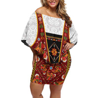 Norwegian Female Bunad Family Matching Off Shoulder Short Dress and Hawaiian Shirt with Rosemaling Folk Art Red Color - Wonder Print Shop