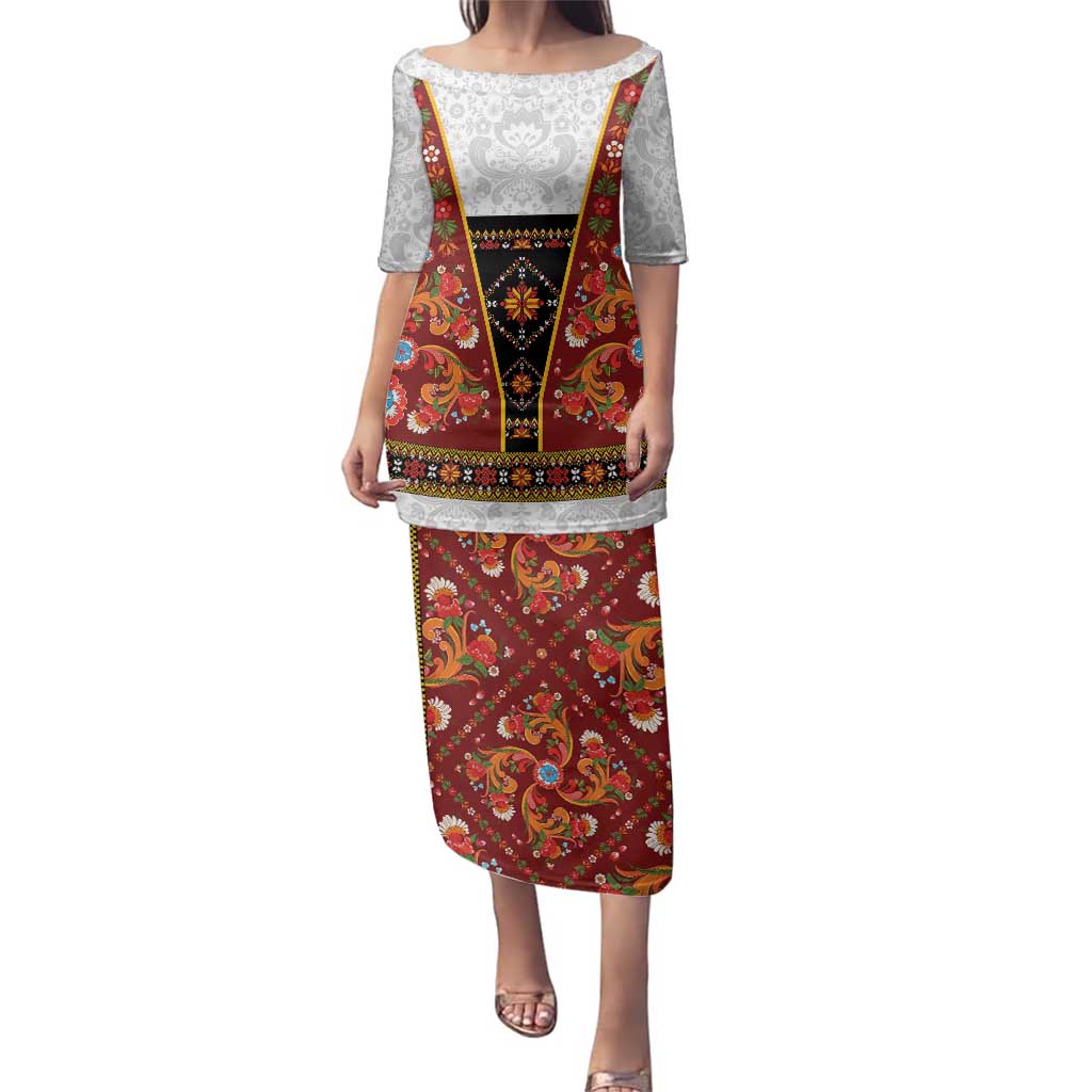 Norwegian Female Bunad Family Matching Puletasi and Hawaiian Shirt with Rosemaling Folk Art Red Color - Wonder Print Shop