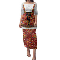 Norwegian Female Bunad Family Matching Puletasi and Hawaiian Shirt with Rosemaling Folk Art Red Color - Wonder Print Shop