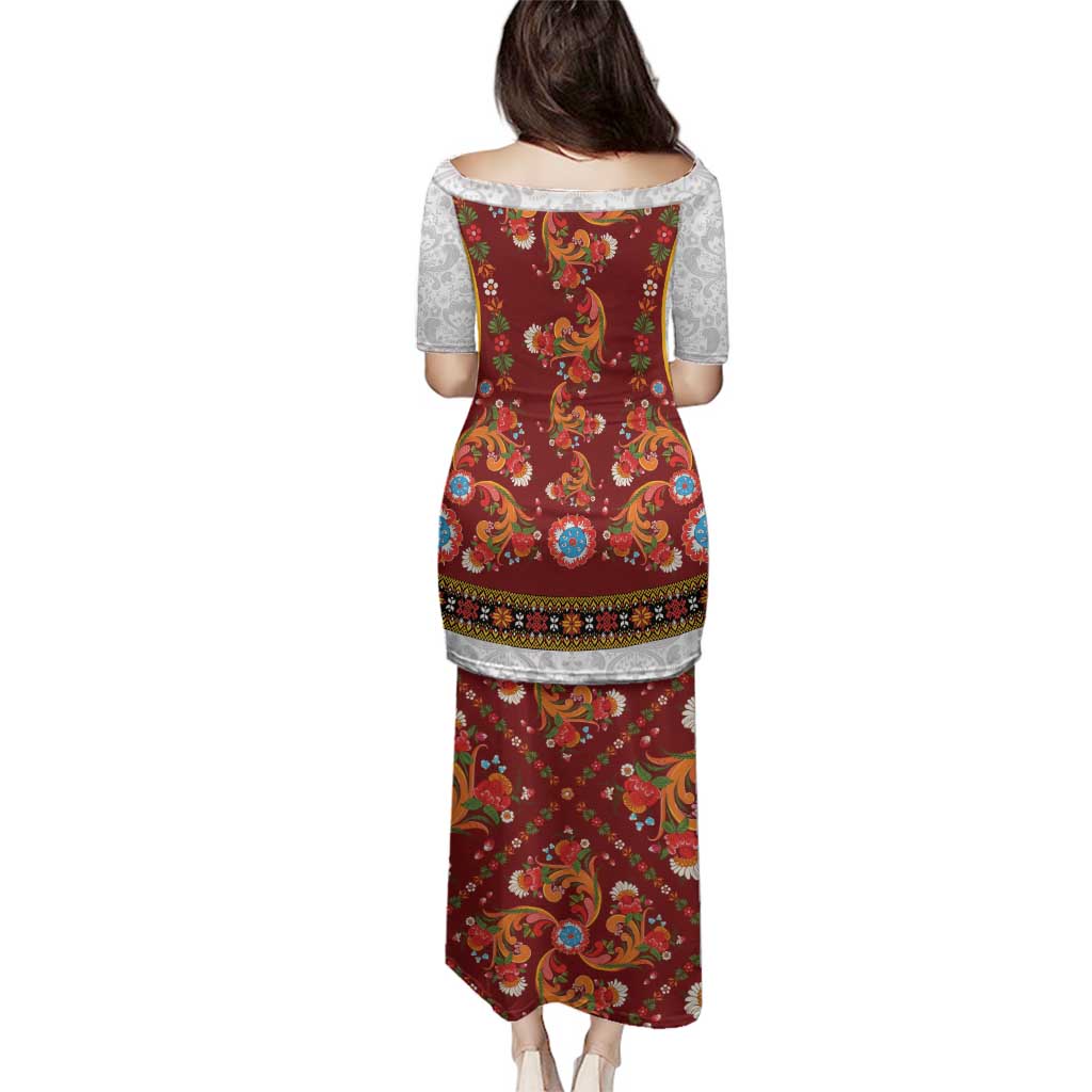 Norwegian Female Bunad Family Matching Puletasi and Hawaiian Shirt with Rosemaling Folk Art Red Color - Wonder Print Shop