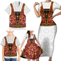 Norwegian Female Bunad Family Matching Short Sleeve Bodycon Dress and Hawaiian Shirt with Rosemaling Folk Art Red Color - Wonder Print Shop