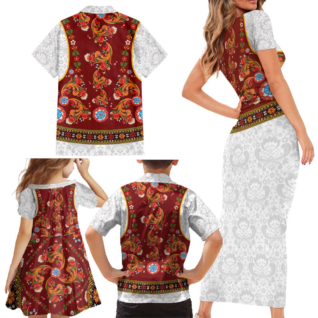 Norwegian Female Bunad Family Matching Short Sleeve Bodycon Dress and Hawaiian Shirt with Rosemaling Folk Art Red Color - Wonder Print Shop