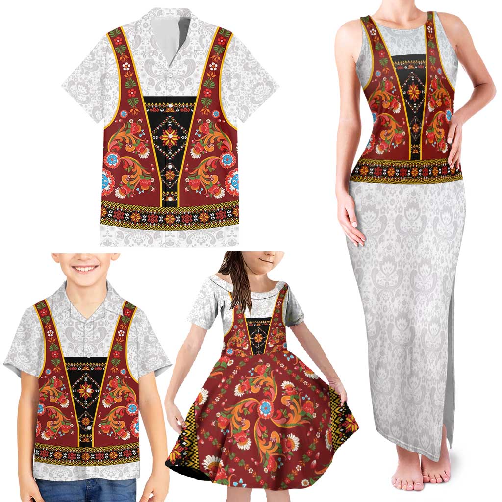 Norwegian Female Bunad Family Matching Tank Maxi Dress and Hawaiian Shirt with Rosemaling Folk Art Red Color - Wonder Print Shop