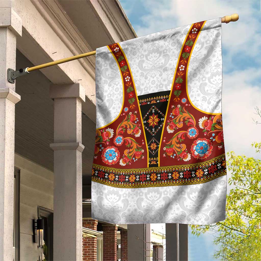 Norwegian Female Bunad Garden Flag with Rosemaling Folk Art Red Color - Wonder Print Shop