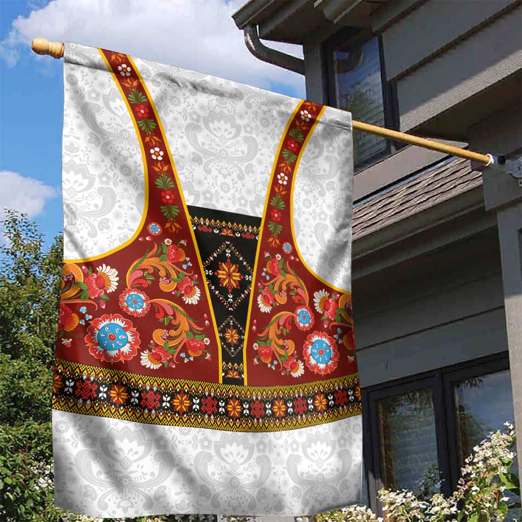 Norwegian Female Bunad Garden Flag with Rosemaling Folk Art Red Color - Wonder Print Shop