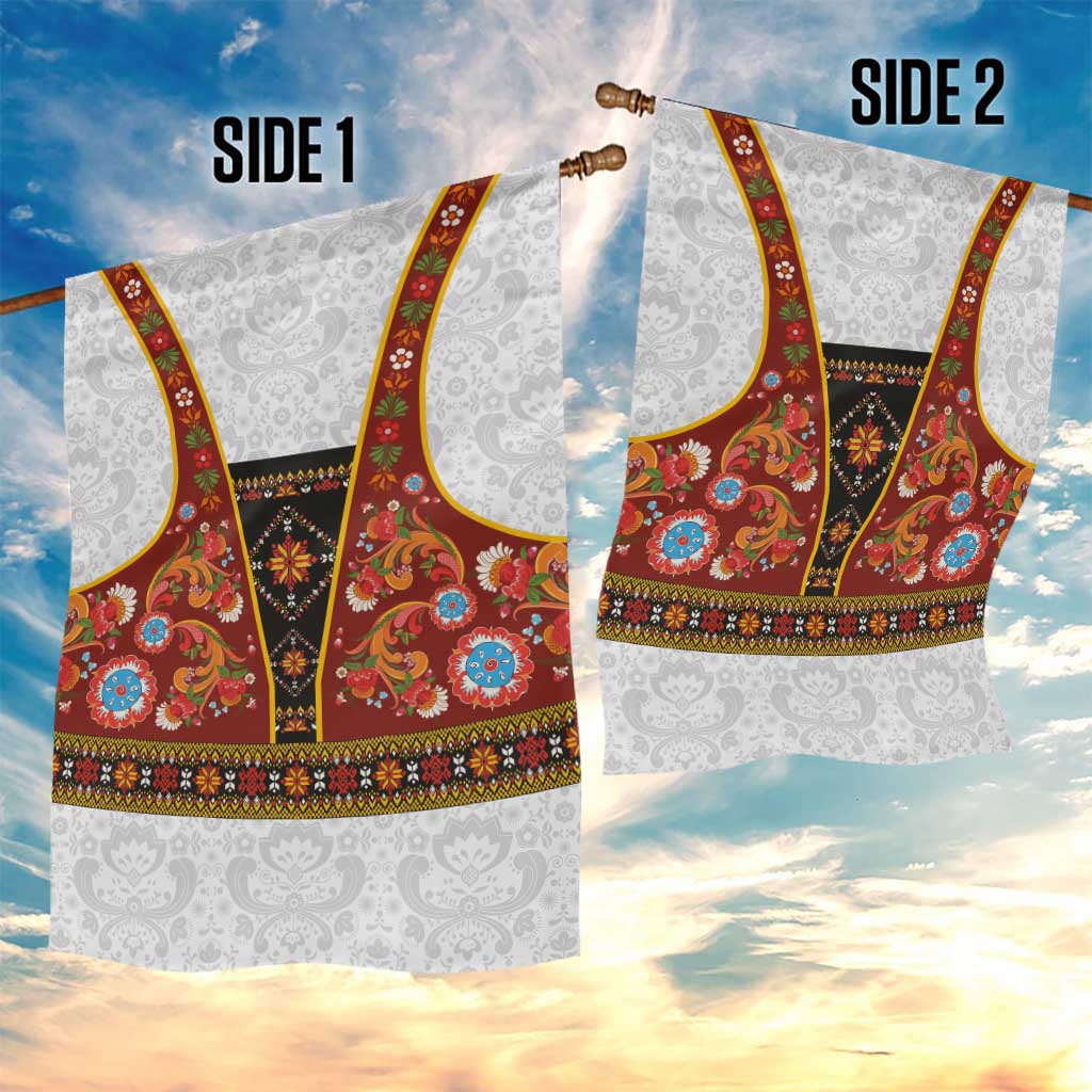 Norwegian Female Bunad Garden Flag with Rosemaling Folk Art Red Color - Wonder Print Shop