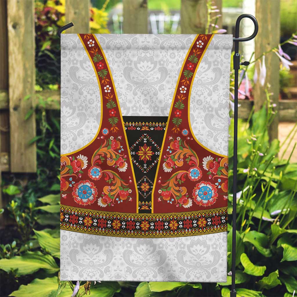 Norwegian Female Bunad Garden Flag with Rosemaling Folk Art Red Color - Wonder Print Shop