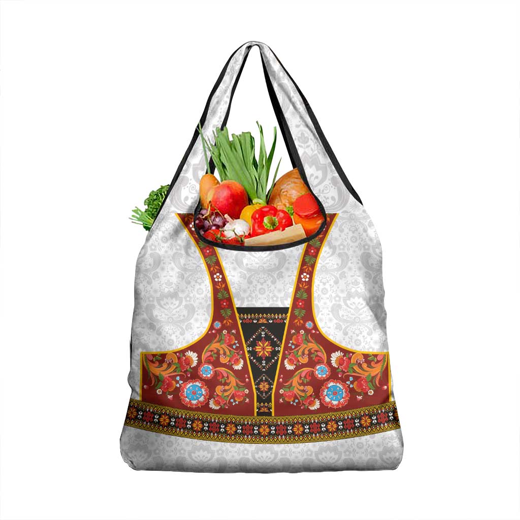 Norwegian Female Bunad Grocery Bag with Rosemaling Folk Art Red Color - Wonder Print Shop