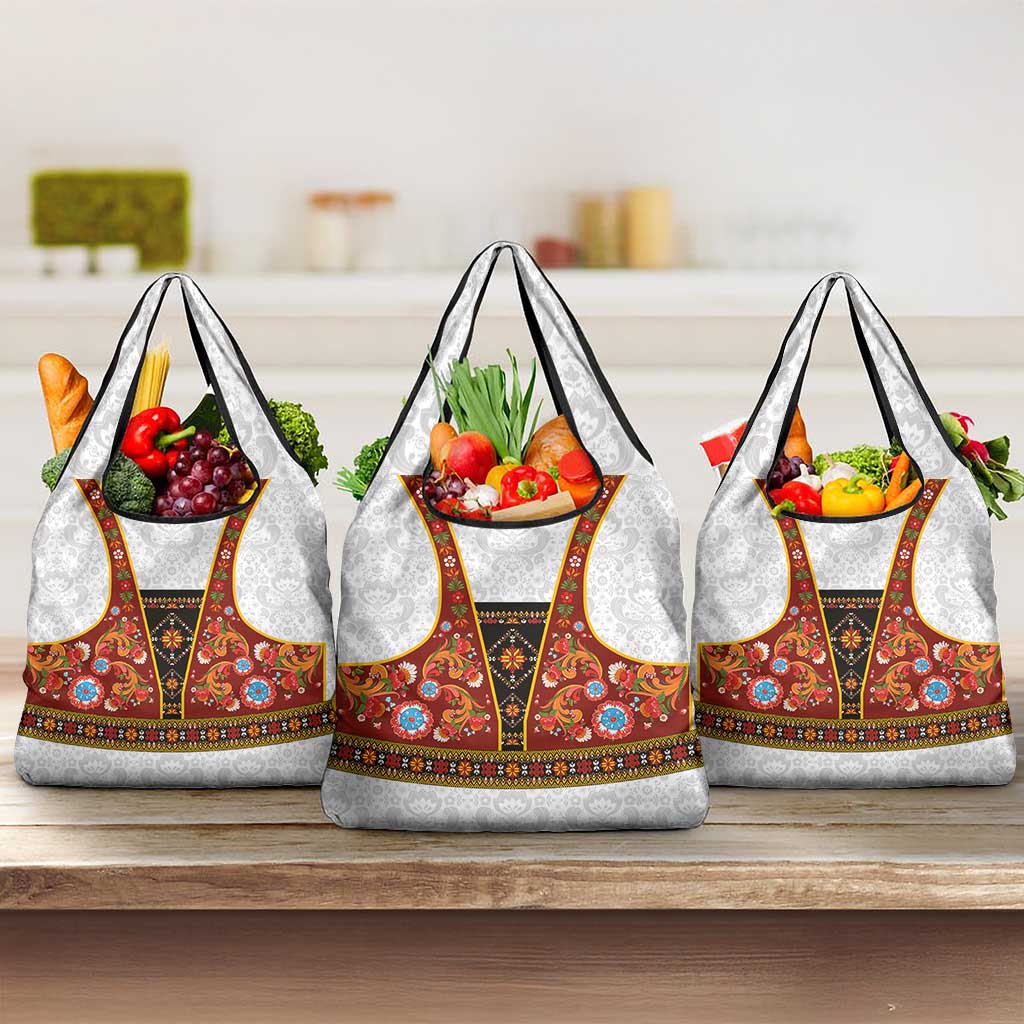 Norwegian Female Bunad Grocery Bag with Rosemaling Folk Art Red Color - Wonder Print Shop