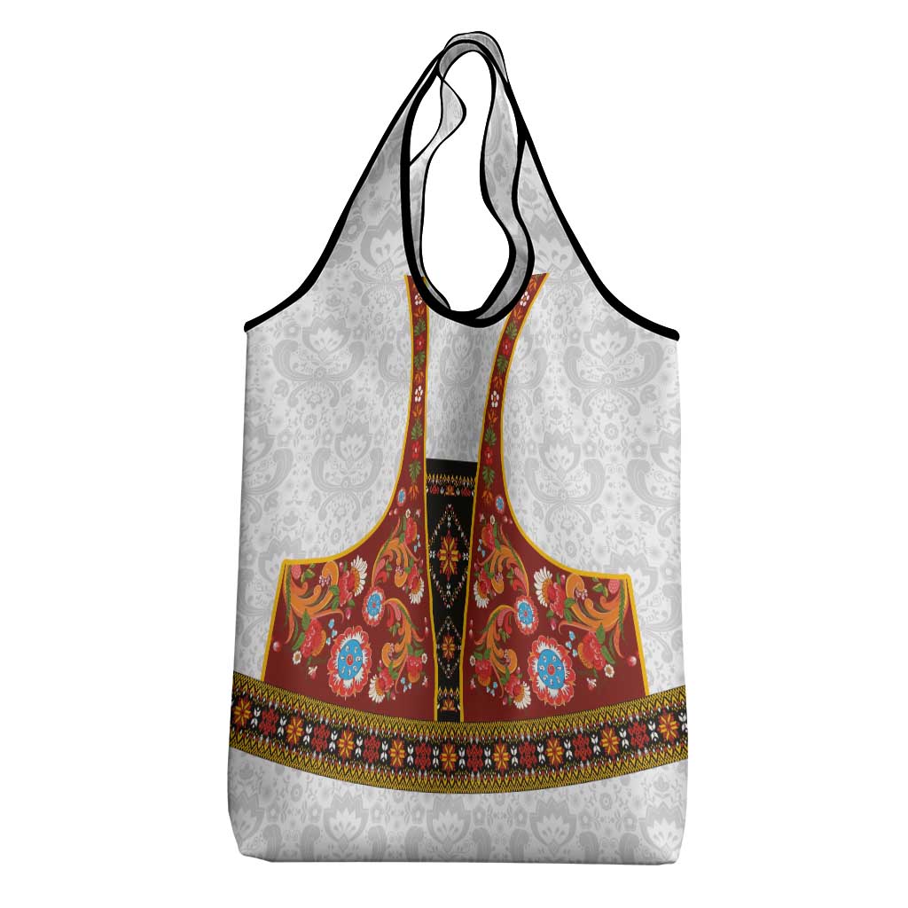 Norwegian Female Bunad Grocery Bag with Rosemaling Folk Art Red Color - Wonder Print Shop
