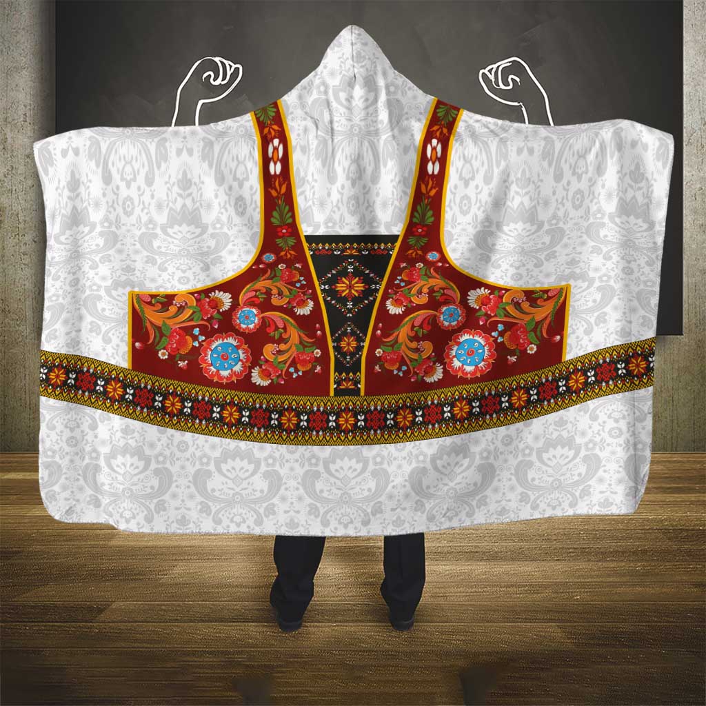 Norwegian Female Bunad Hooded Blanket with Rosemaling Folk Art Red Color - Wonder Print Shop