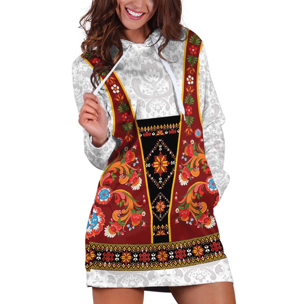Norwegian Female Bunad Hoodie Dress with Rosemaling Folk Art Red Color - Wonder Print Shop