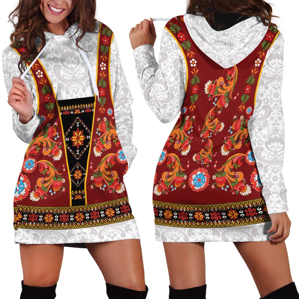 Norwegian Female Bunad Hoodie Dress with Rosemaling Folk Art Red Color - Wonder Print Shop