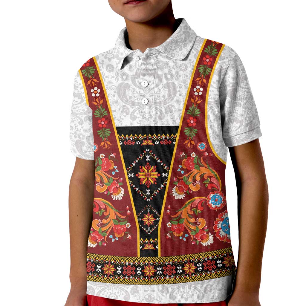 Norwegian Female Bunad Kid Polo Shirt with Rosemaling Folk Art Red Color - Wonder Print Shop