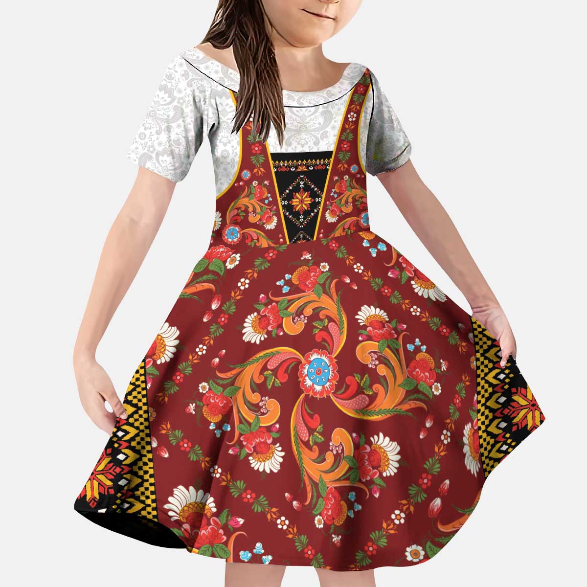 Norwegian Female Bunad Kid Short Sleeve Dress with Rosemaling Folk Art Red Color - Wonder Print Shop