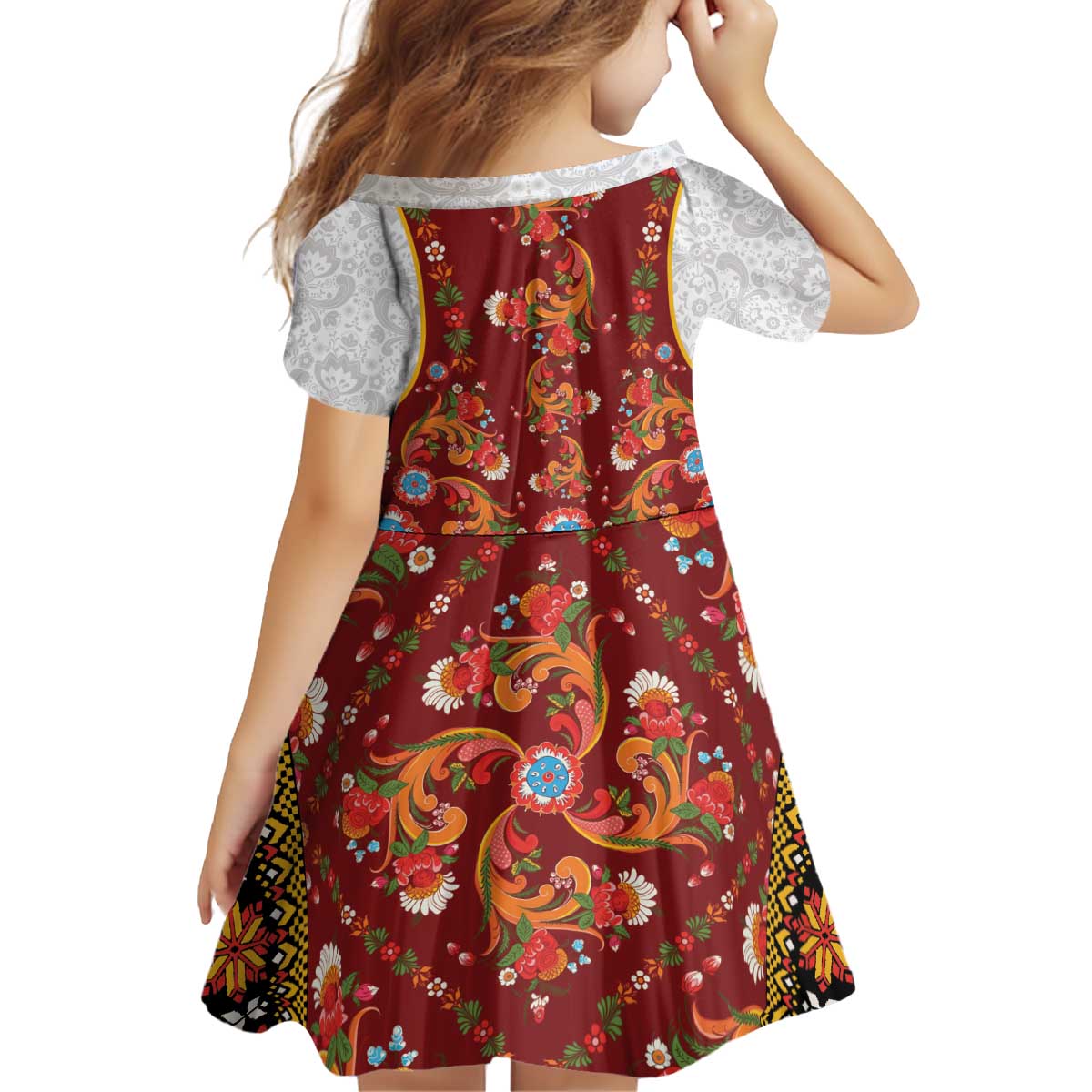 Norwegian Female Bunad Kid Short Sleeve Dress with Rosemaling Folk Art Red Color - Wonder Print Shop