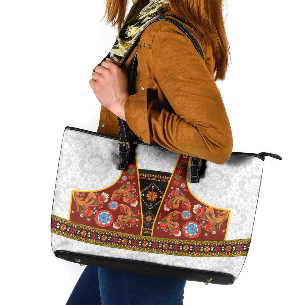 Norwegian Female Bunad Leather Tote Bag with Rosemaling Folk Art Red Color - Wonder Print Shop