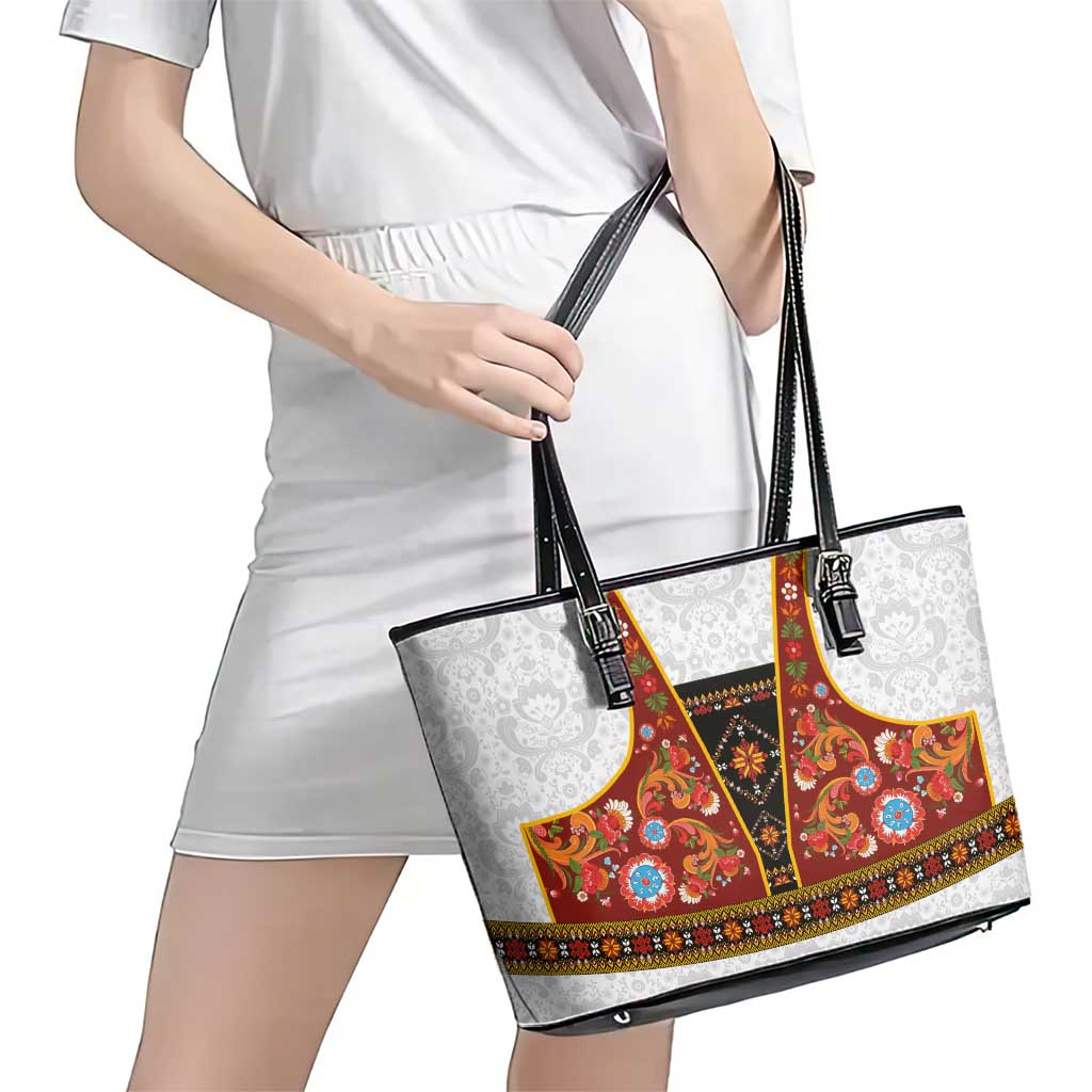 Norwegian Female Bunad Leather Tote Bag with Rosemaling Folk Art Red Color - Wonder Print Shop