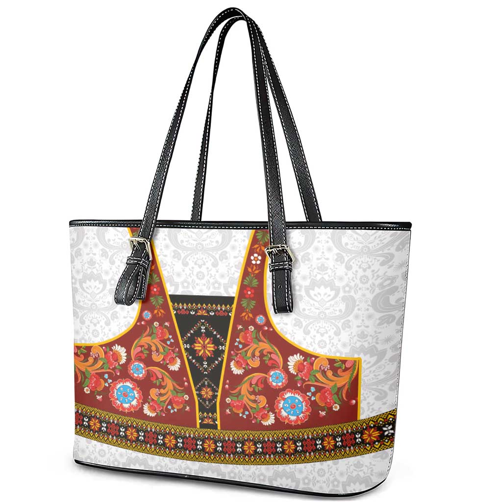 Norwegian Female Bunad Leather Tote Bag with Rosemaling Folk Art Red Color - Wonder Print Shop