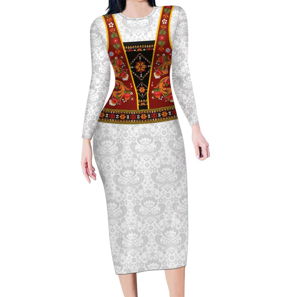 Norwegian Female Bunad Long Sleeve Bodycon Dress with Rosemaling Folk Art Red Color - Wonder Print Shop