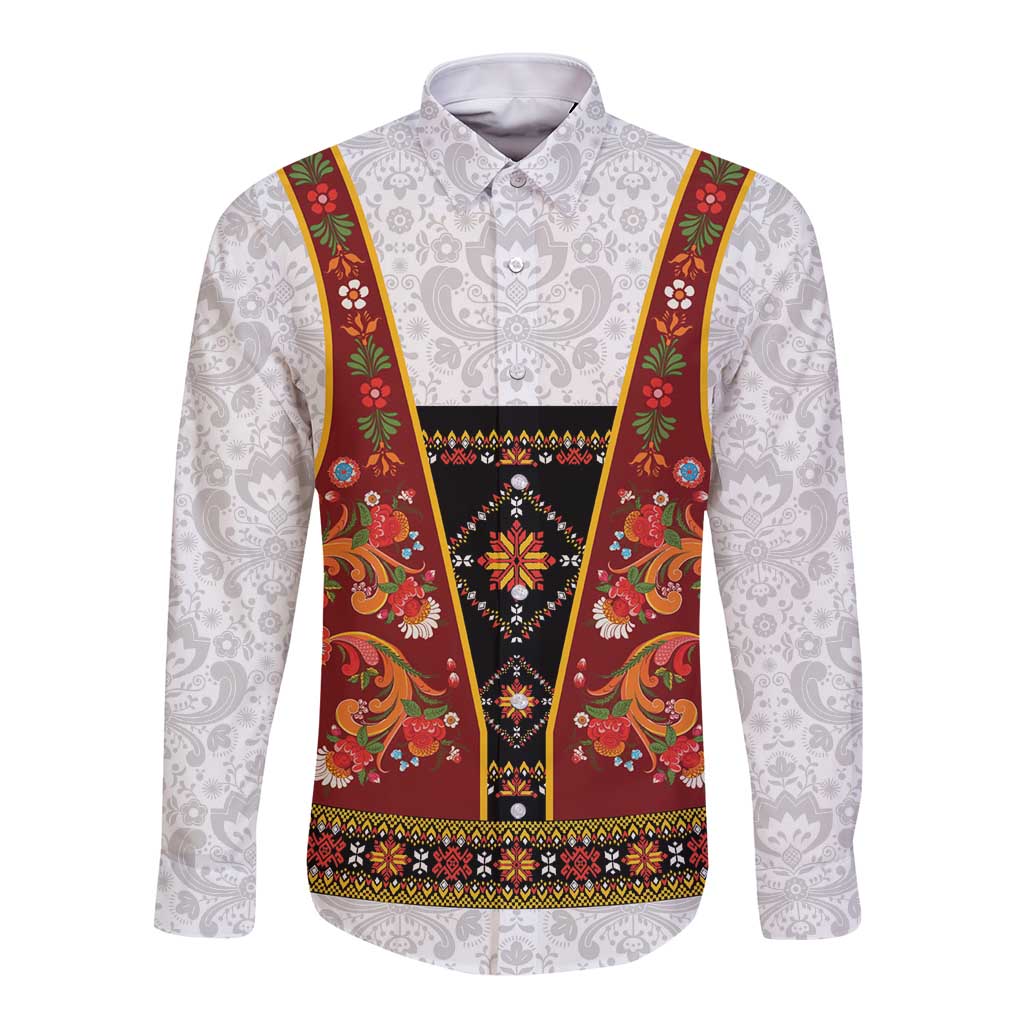 Norwegian Female Bunad Long Sleeve Button Shirt with Rosemaling Folk Art Red Color - Wonder Print Shop
