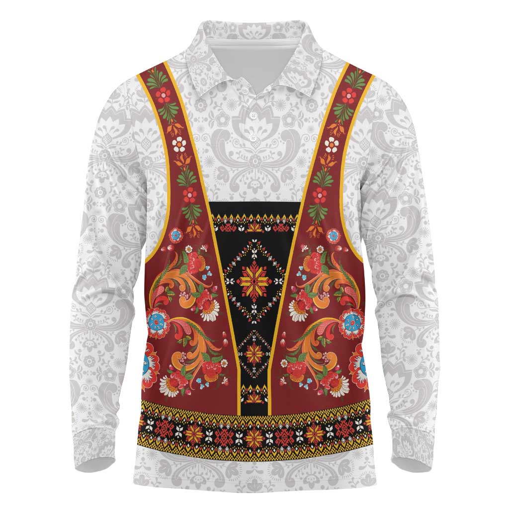 Norwegian Female Bunad Long Sleeve Polo Shirt with Rosemaling Folk Art Red Color - Wonder Print Shop