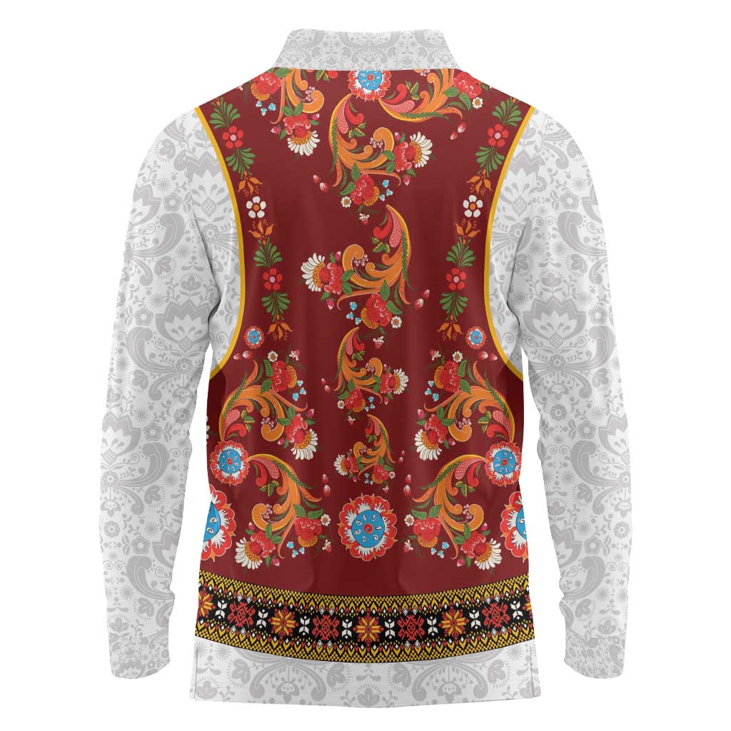 Norwegian Female Bunad Long Sleeve Polo Shirt with Rosemaling Folk Art Red Color - Wonder Print Shop