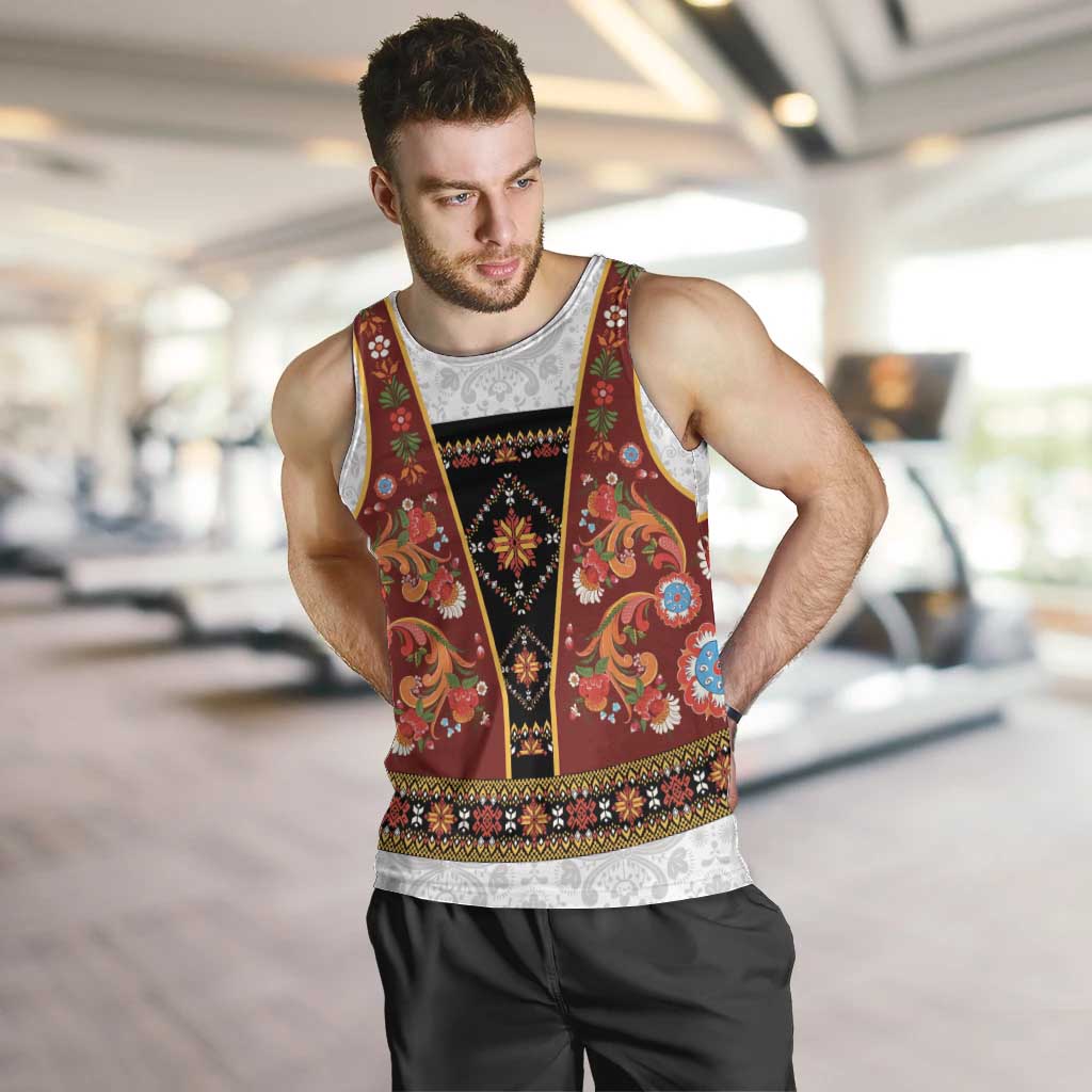 Norwegian Female Bunad Men Tank Top with Rosemaling Folk Art Red Color - Wonder Print Shop
