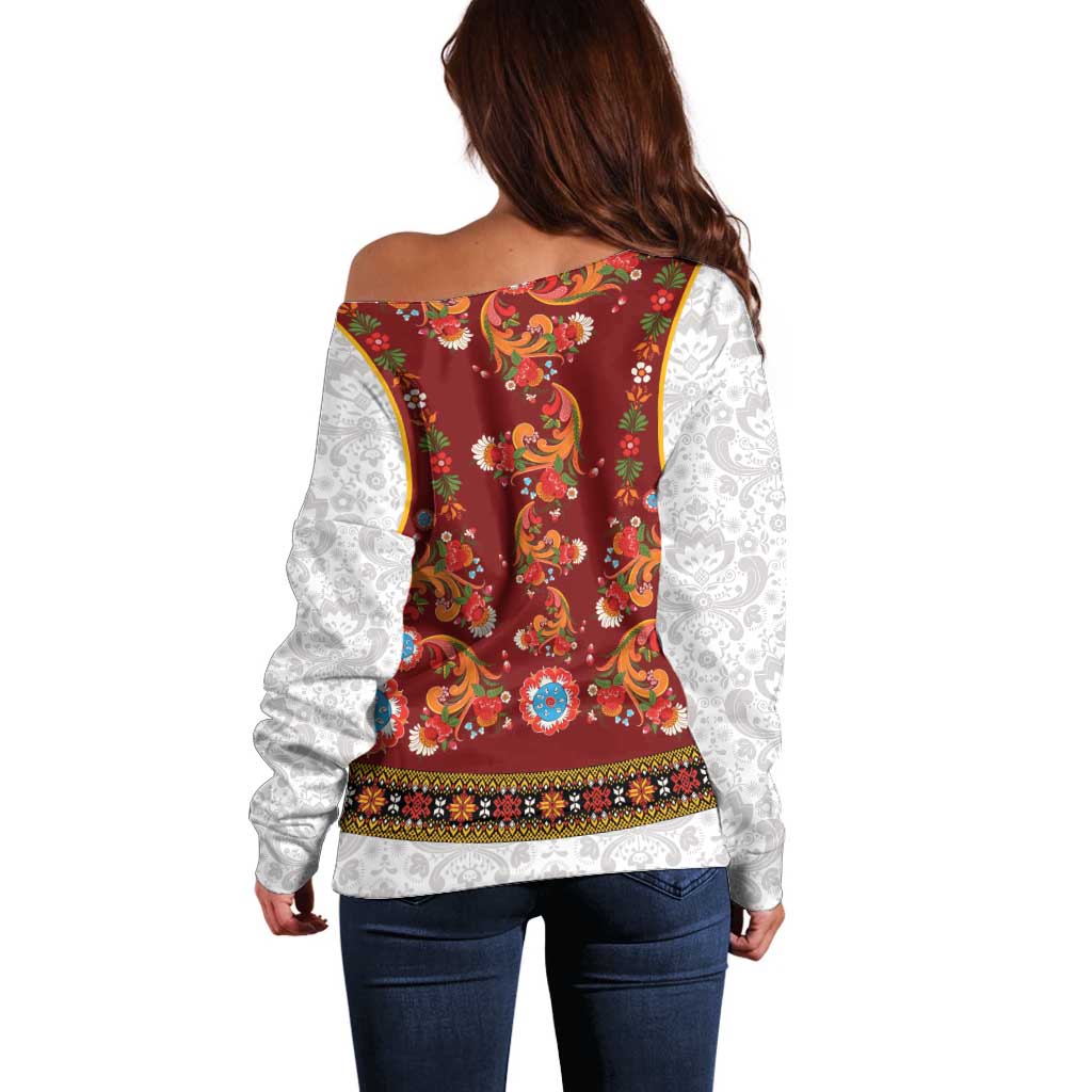 Norwegian Female Bunad Off Shoulder Sweater with Rosemaling Folk Art Red Color - Wonder Print Shop