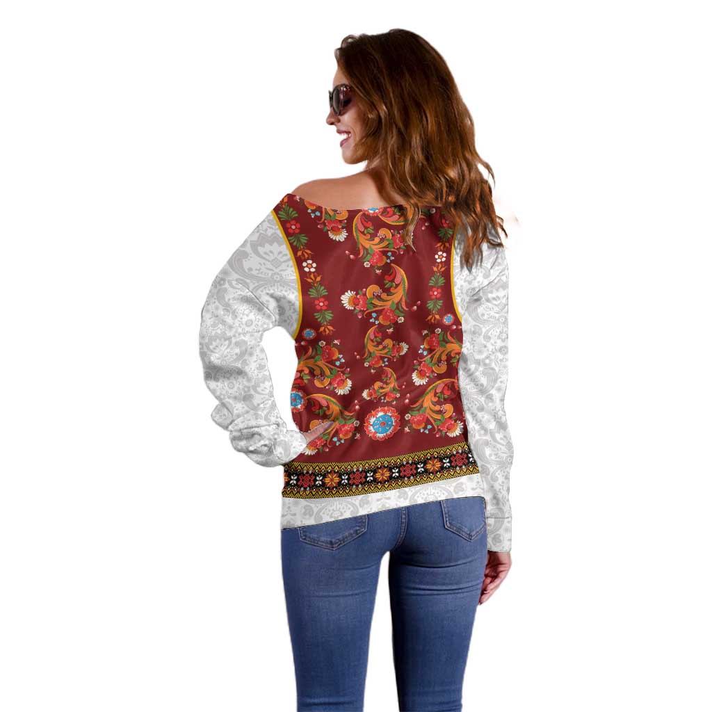 Norwegian Female Bunad Off Shoulder Sweater with Rosemaling Folk Art Red Color - Wonder Print Shop