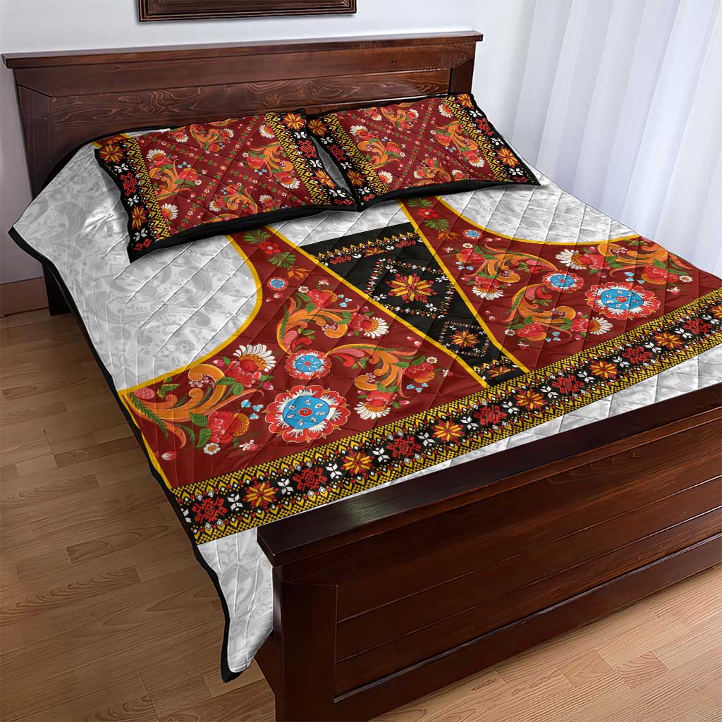 Norwegian Female Bunad Quilt Bed Set with Rosemaling Folk Art Red Color - Wonder Print Shop