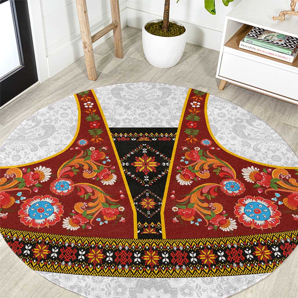 Norwegian Female Bunad Round Carpet with Rosemaling Folk Art Red Color - Wonder Print Shop