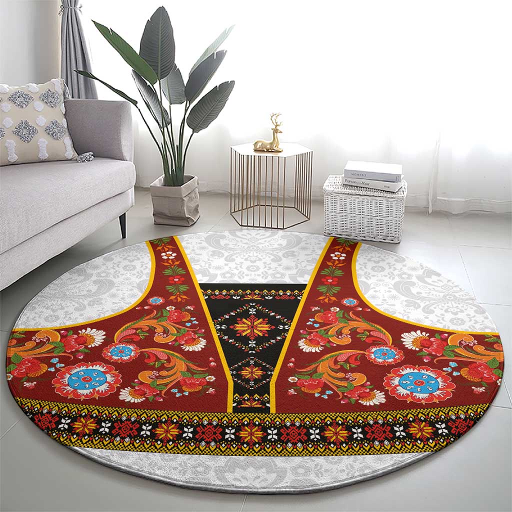 Norwegian Female Bunad Round Carpet with Rosemaling Folk Art Red Color - Wonder Print Shop