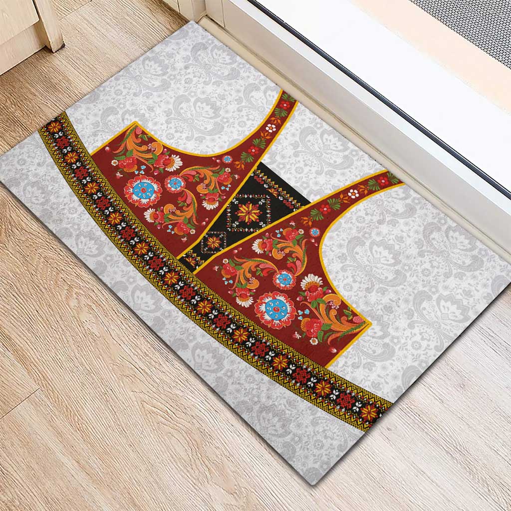 Norwegian Female Bunad Rubber Doormat with Rosemaling Folk Art Red Color - Wonder Print Shop
