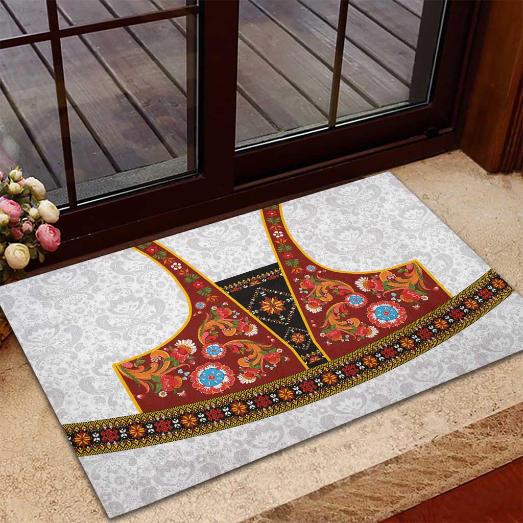 Norwegian Female Bunad Rubber Doormat with Rosemaling Folk Art Red Color - Wonder Print Shop