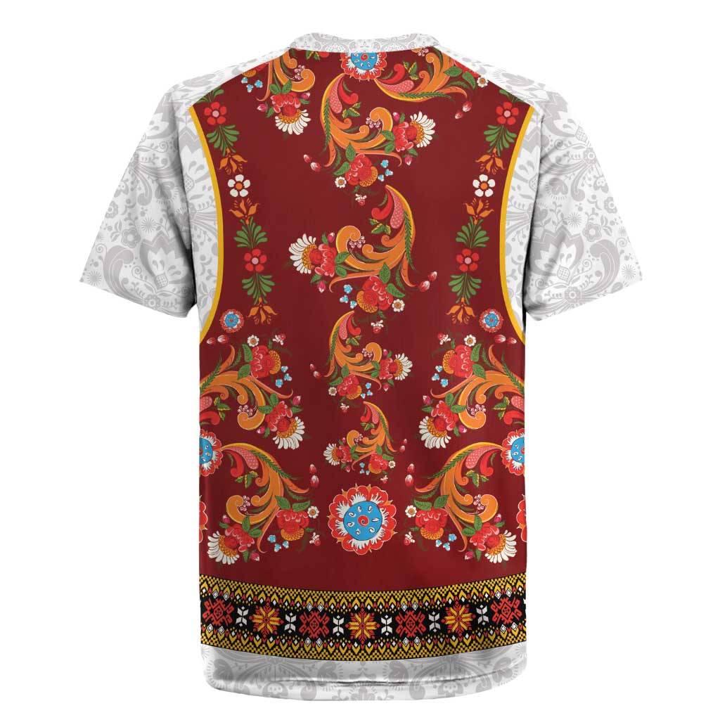 Norwegian Female Bunad Rugby Jersey with Rosemaling Folk Art Red Color - Wonder Print Shop