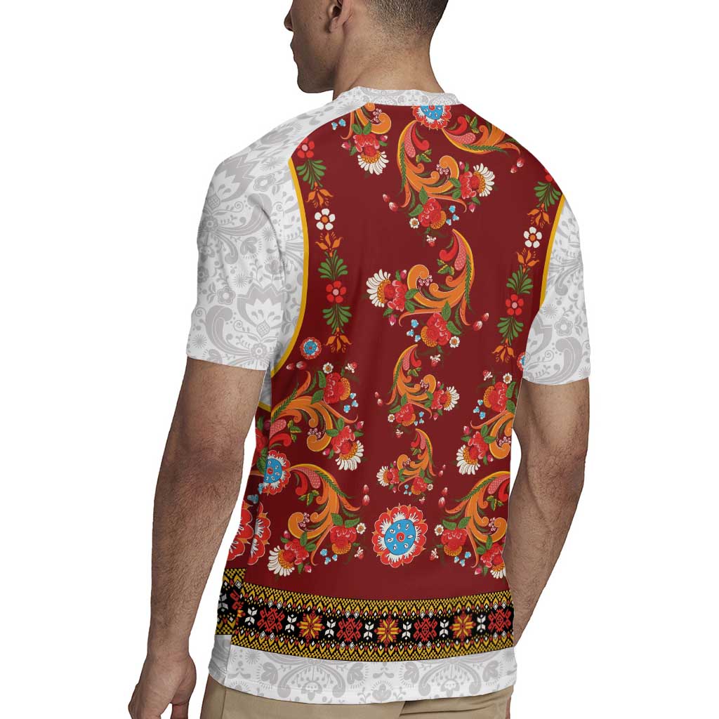 Norwegian Female Bunad Rugby Jersey with Rosemaling Folk Art Red Color - Wonder Print Shop