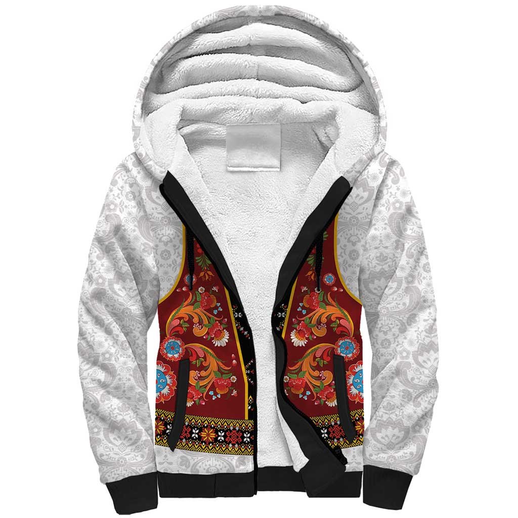 Norwegian Female Bunad Sherpa Hoodie with Rosemaling Folk Art Red Color - Wonder Print Shop