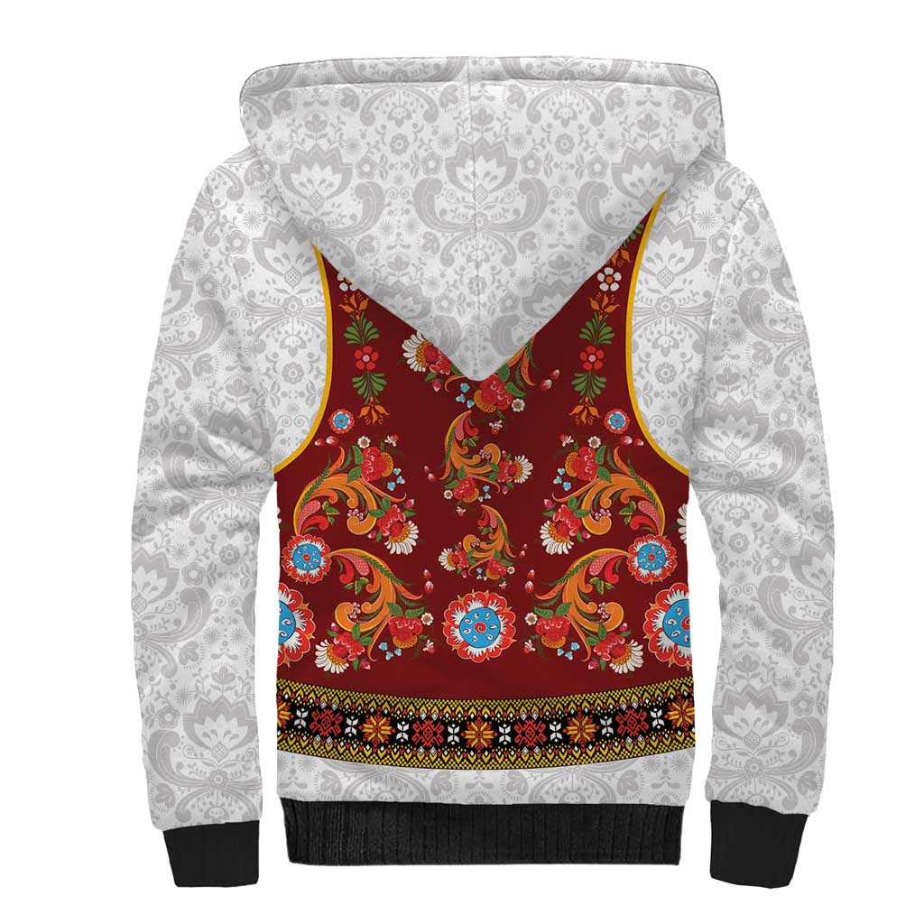 Norwegian Female Bunad Sherpa Hoodie with Rosemaling Folk Art Red Color - Wonder Print Shop